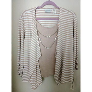 Alfred Dunner Petite Tan White Striped Cardigan Tank Set 1 Pc 3/4 Sleeves PXL